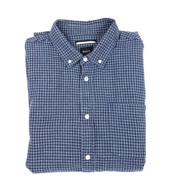 RVCA Flannel Slim Fit Button Down Casual Short Sleeve Shirt Check Navy Blue Gray - Picture 8 of 8